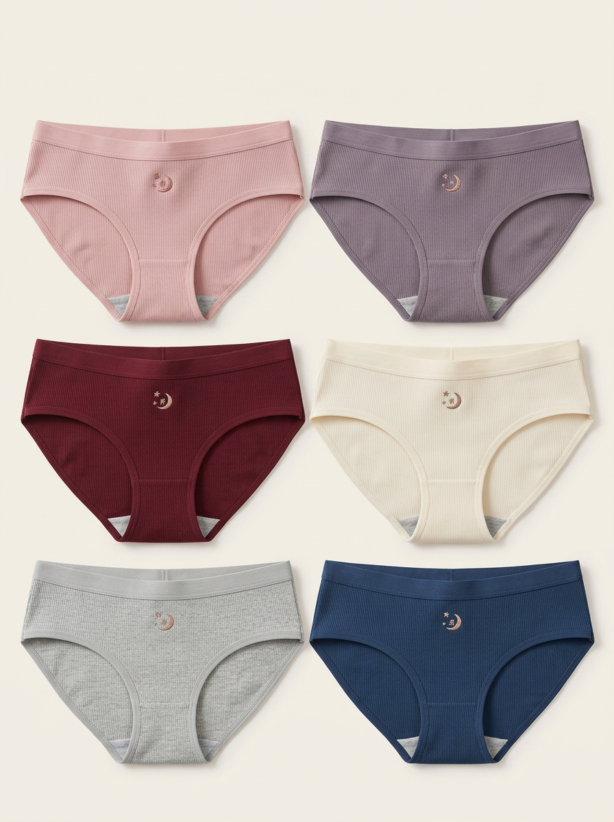 Women's Six-Pair Moon Star Embroidered Ribbed Brief Set