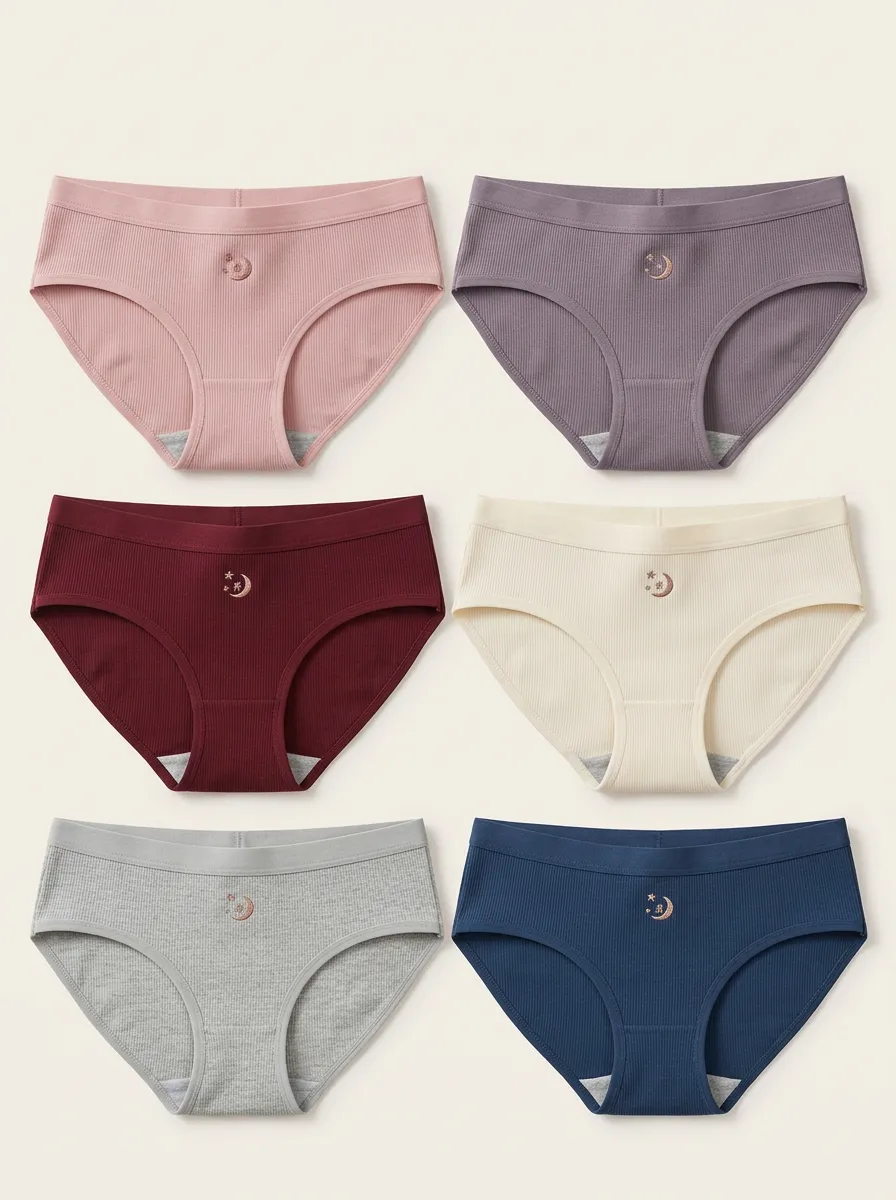 Women's Six-Pair Moon Star Embroidered Ribbed Brief Set
