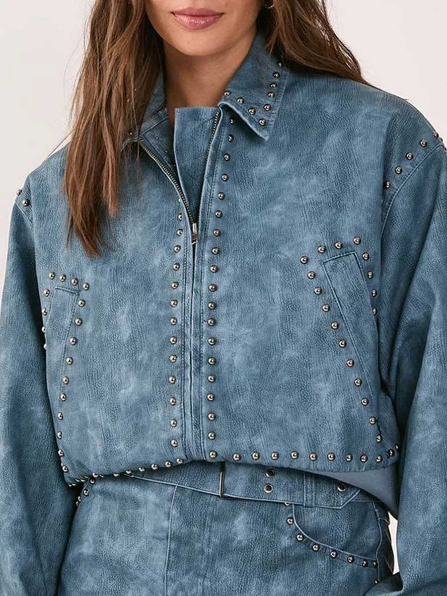 Lady'S Distressed-Style Rivet Leather Short Jacket