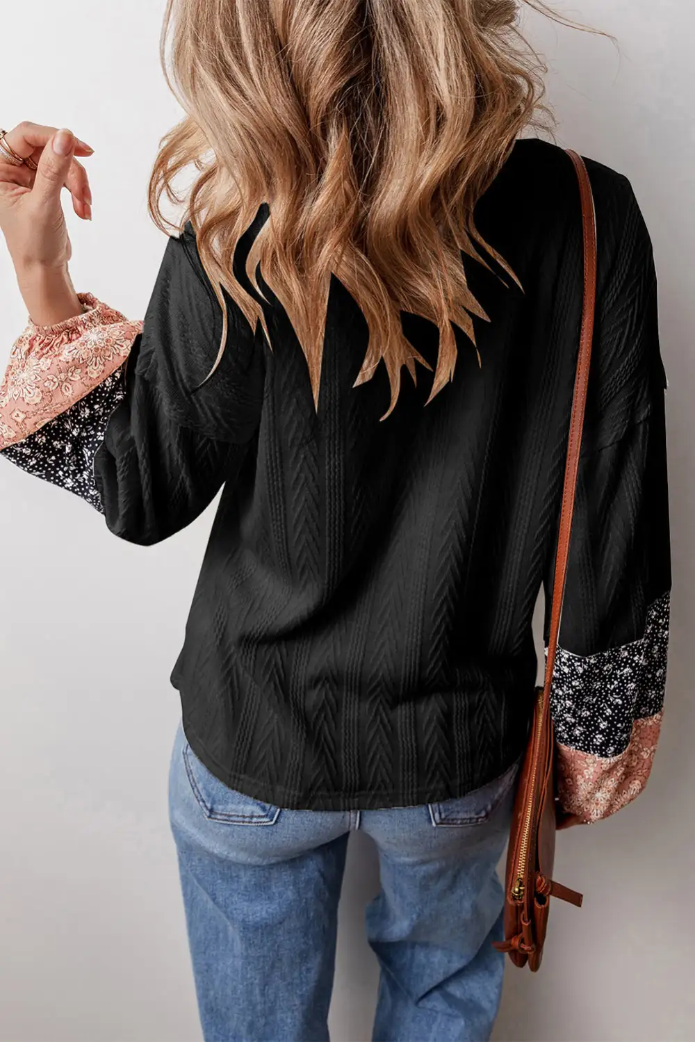 Classic Floral Patchwork Textured Knit Drawstring V Neck Blouse
