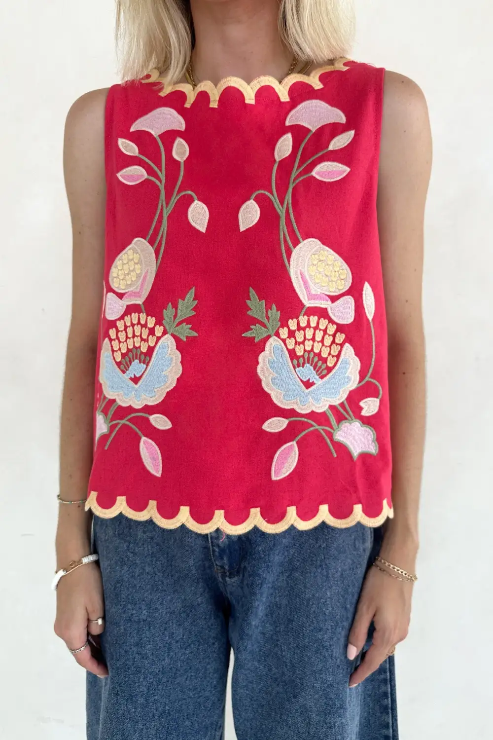 Structured Floral Embroidered Sleeveless Top