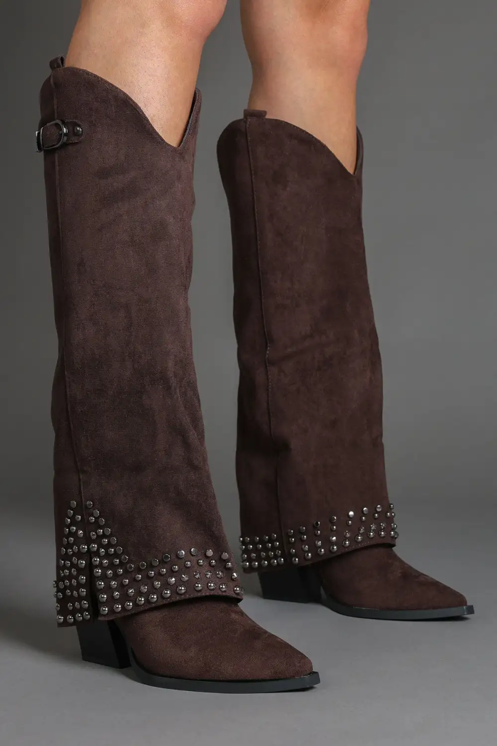 Western Slouch Fold-Over Studded Knee High Boots