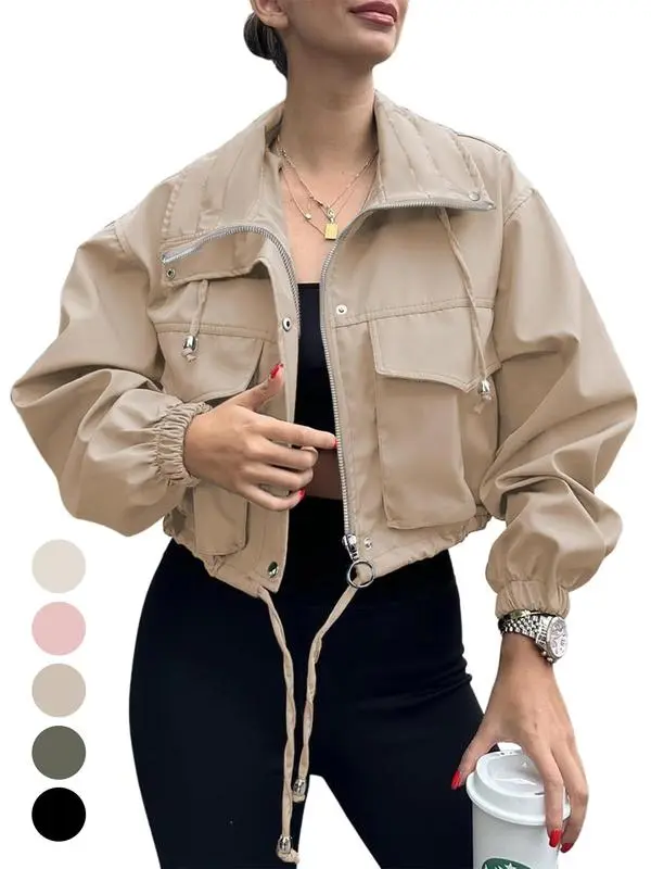 Women's Solid Zip Up Drawstring Hem Jacket, Casual Long Sleeve Collared Outerwear