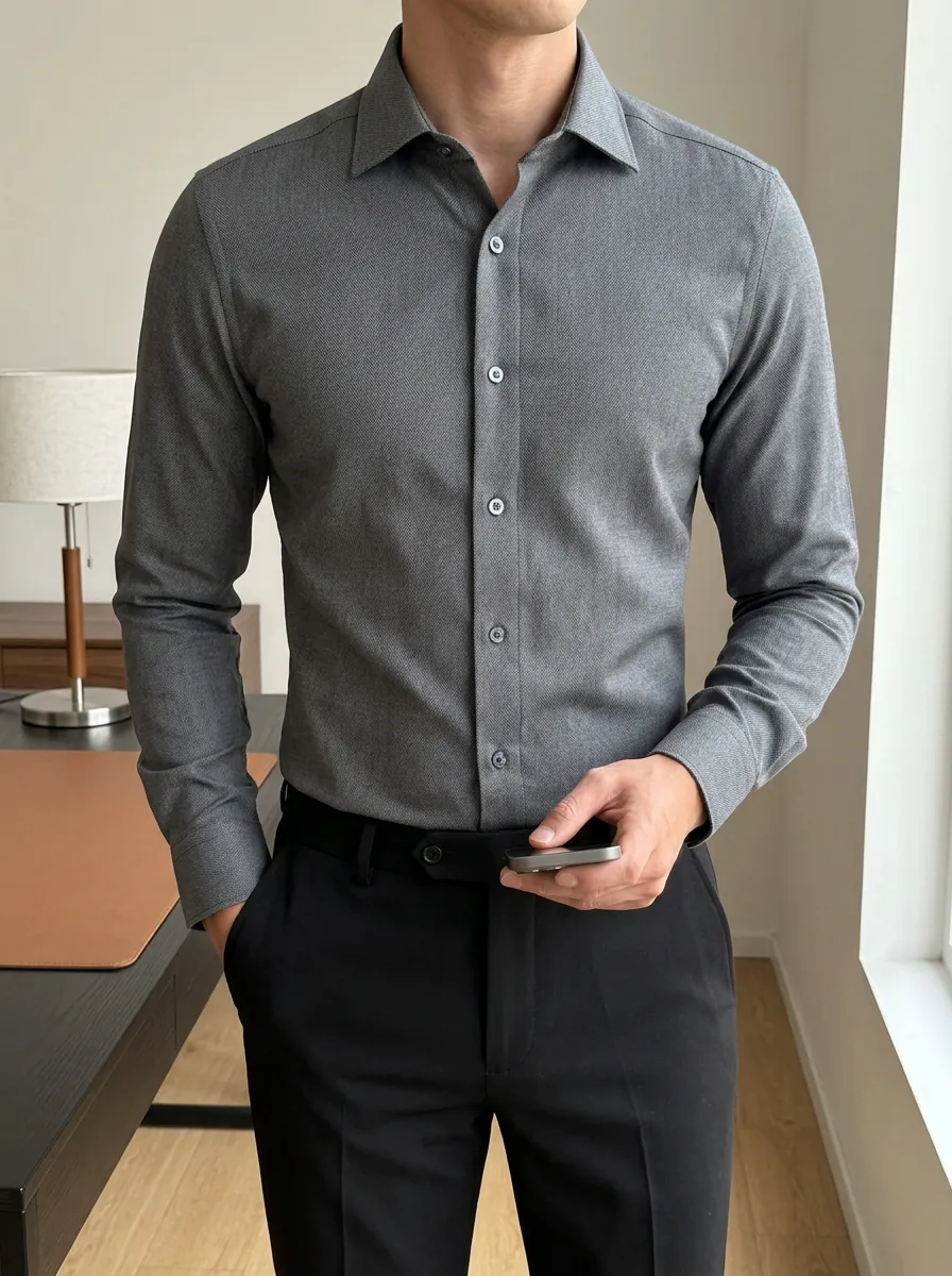 Men's Business Casual Grey Herringbone Slim Fit Shirt