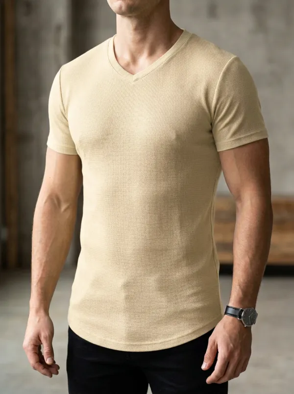 Classic Waffle Knit Textured Curved Hem Casual Look Men's Slim Fit Short Sleeve T-Shirt