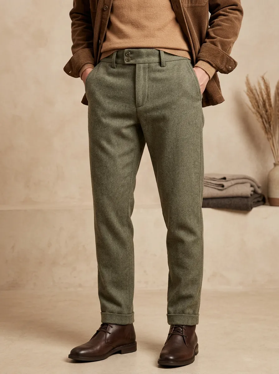 Men's Winter Herringbone Wool Casual Trousers