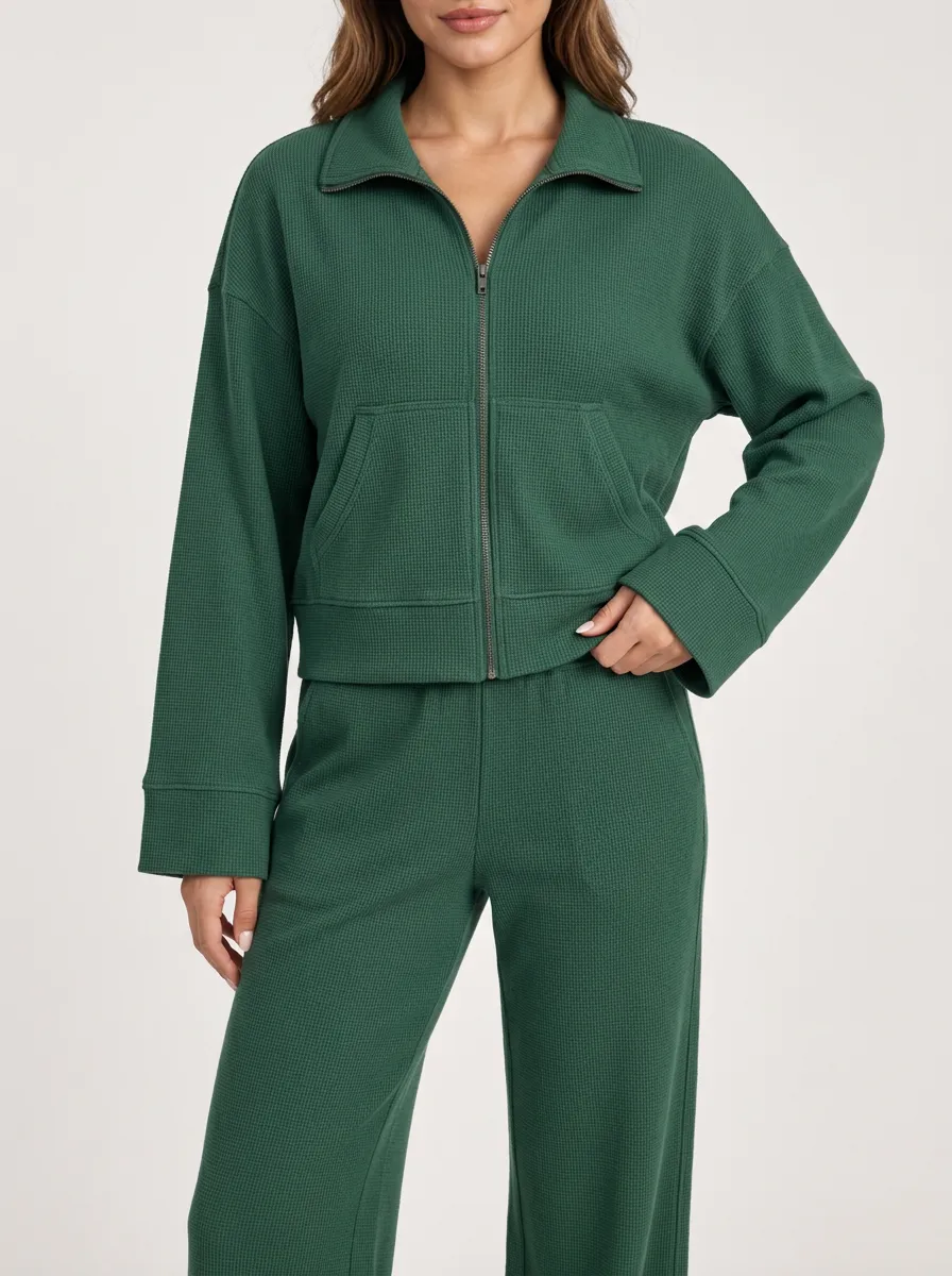 Versatile Zip Front Cropped Relaxed Fit Women's Zip Up Lounge Two Piece Set
