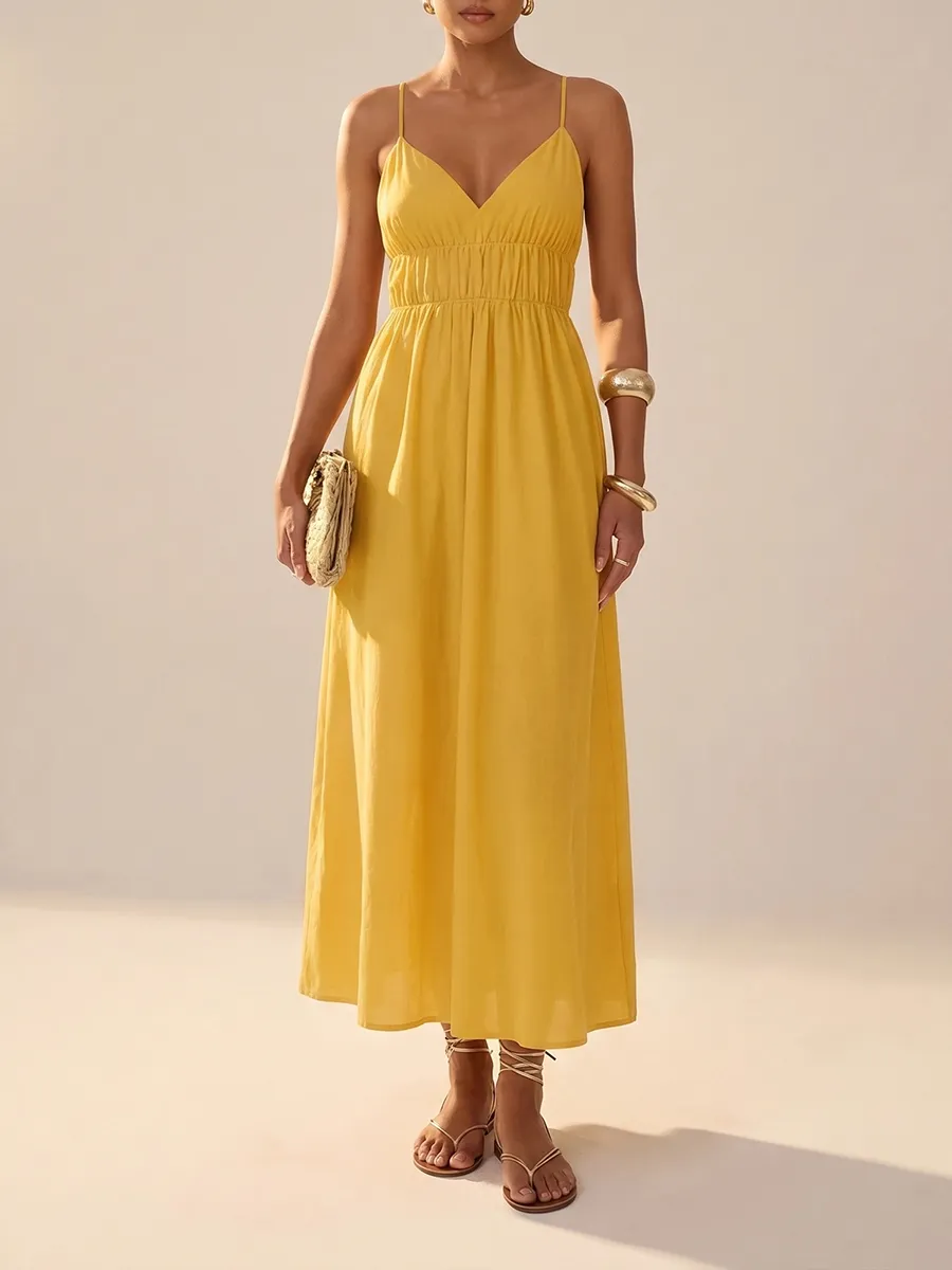 Women's Deep V-Neck Sleeveless Spaghetti Strap Ruched Flowy Maxi Sundress