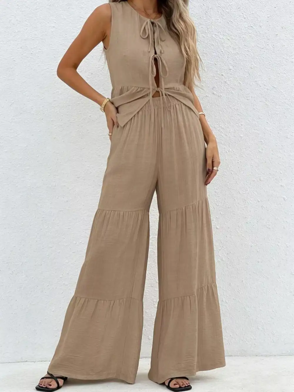 Sleeveless Tie Front Top and Wide Leg Pants Set