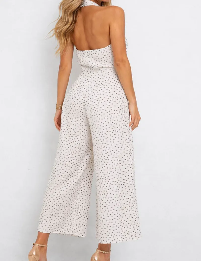 Polka Dot Halter Neck Metal Buckle Wide Leg Jumpsuit