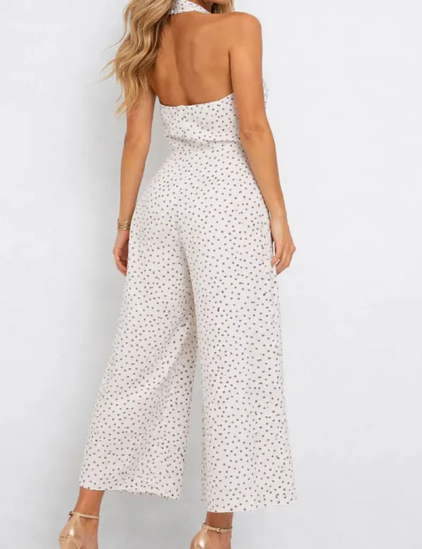 Polka Dot Halter Neck Metal Buckle Wide Leg Jumpsuit