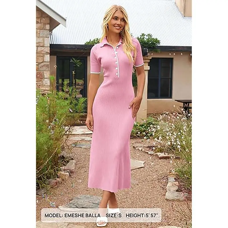 Women's V Neck Ribbed Knit Maxi Dress Button Short Sleeve Slim Fit Bodycon Sweater Dress