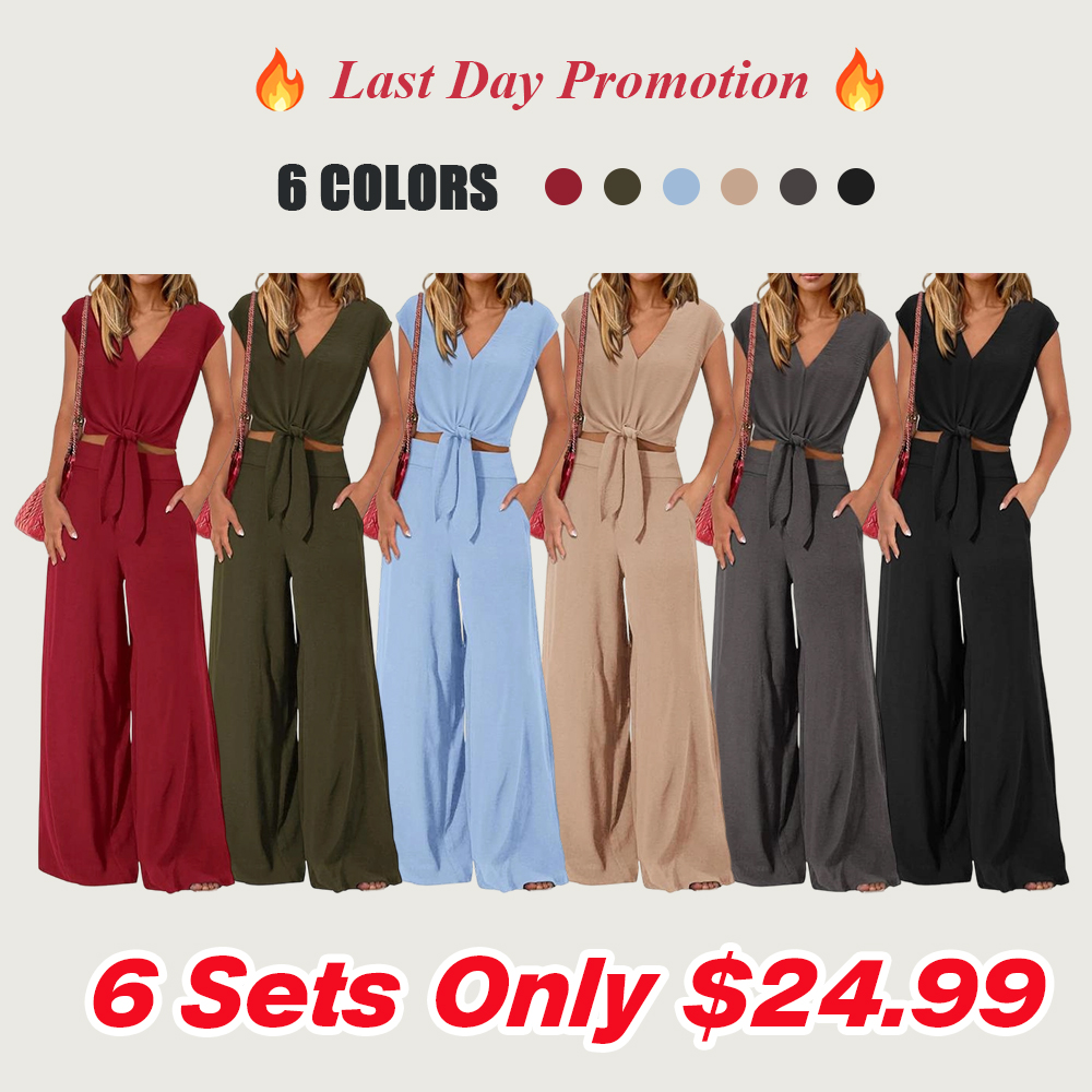 Women's two-piece tracksuit: short-sleeved V-neck cropped top with tie and wide-leg pants.