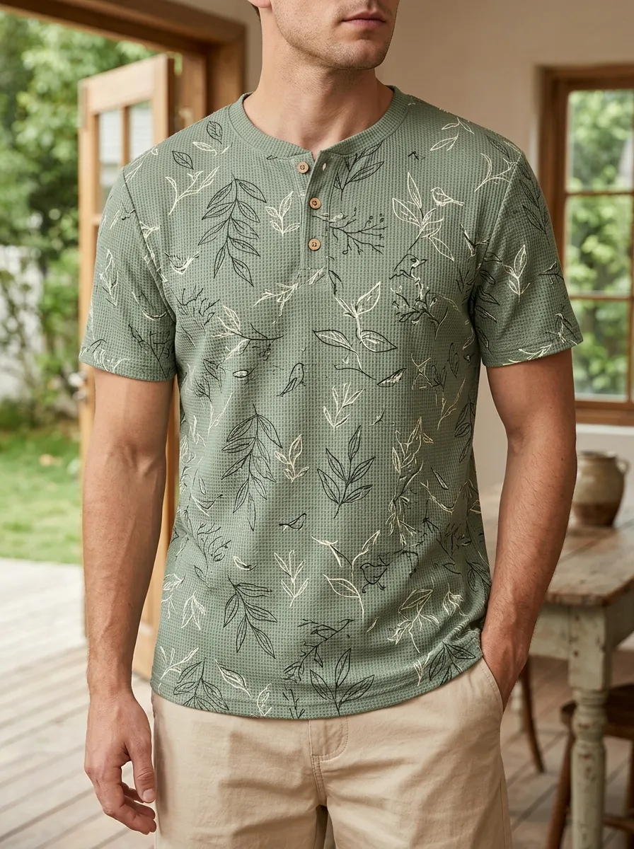 Men's Nature Lover Botanical Leaf Printed Waffle Henley T-Shirt