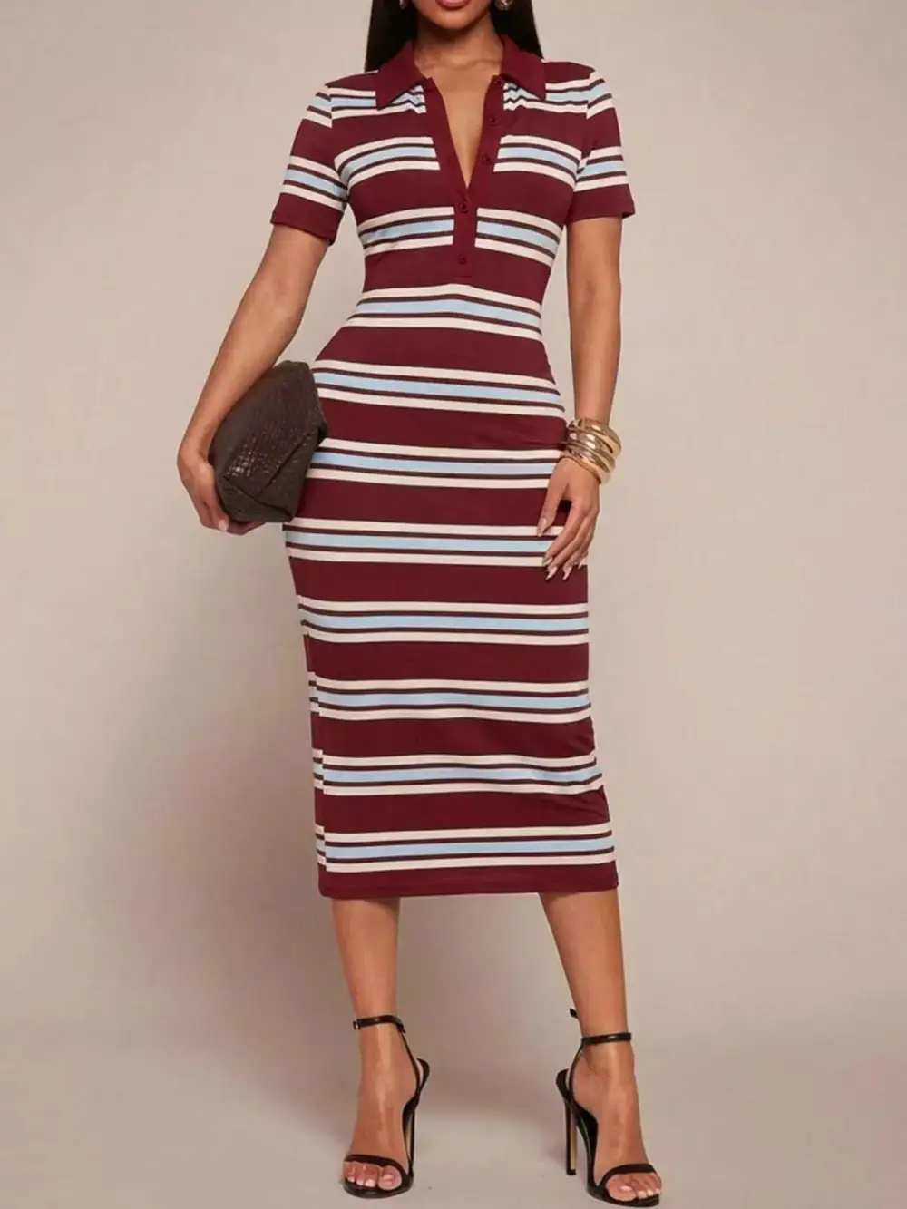 Striped Polo Collar Midi Dress