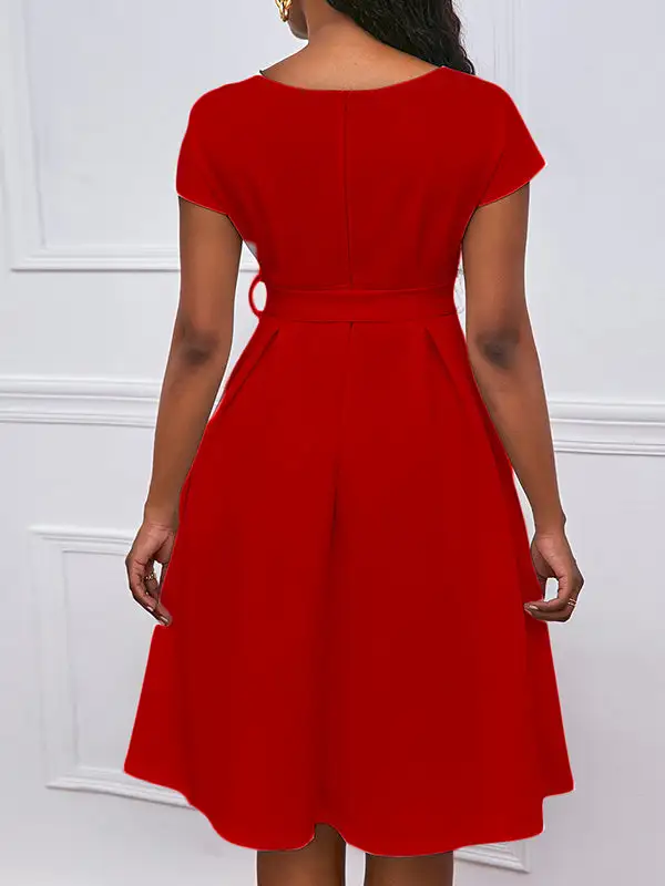 Bowknot Lace Up Solid Color V Neck Midi Dress