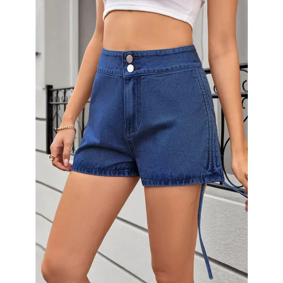 Ruched Side Drawstring Denim Shorts