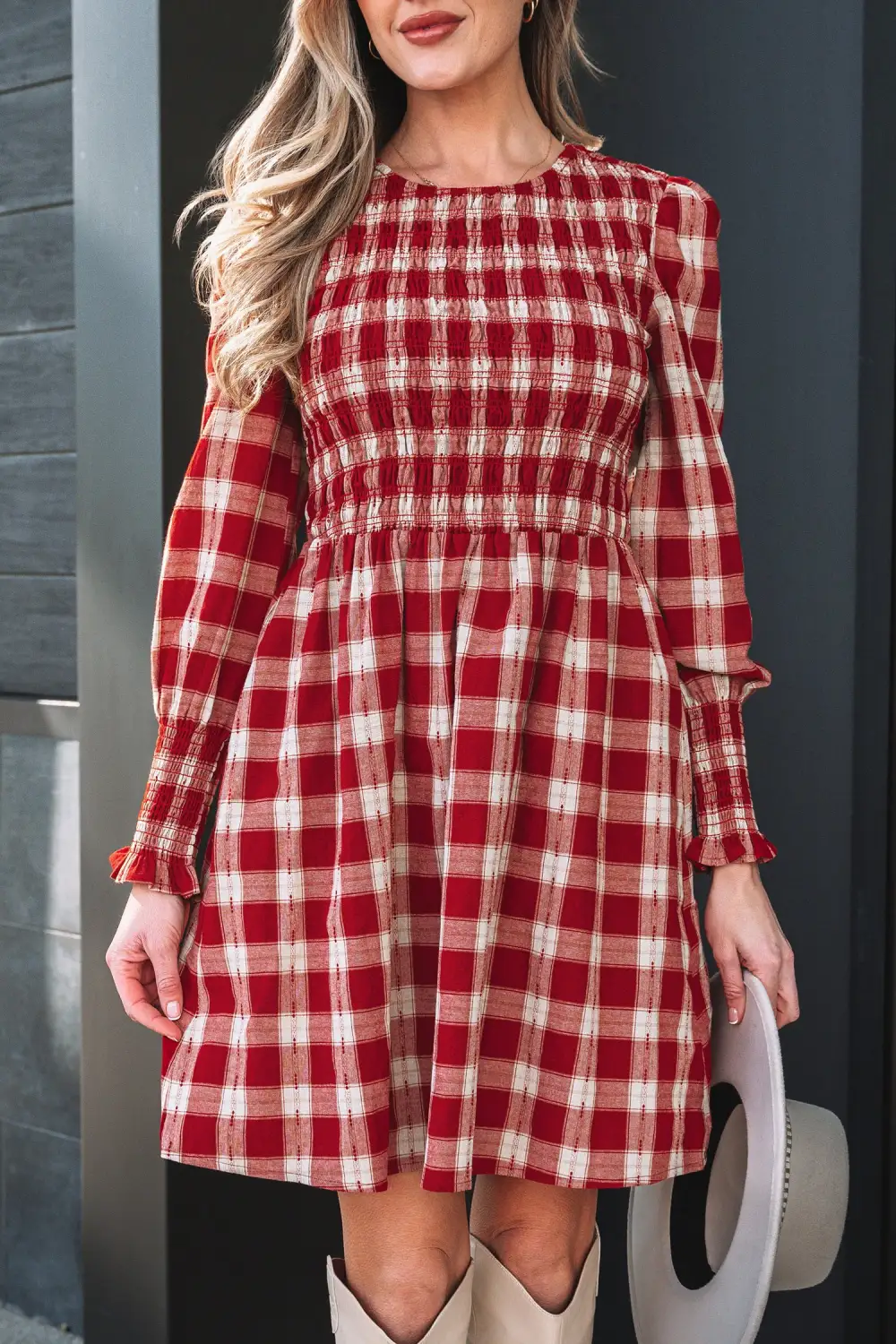 Lightweight Feel Plaid Printed Smocked Mini Dress