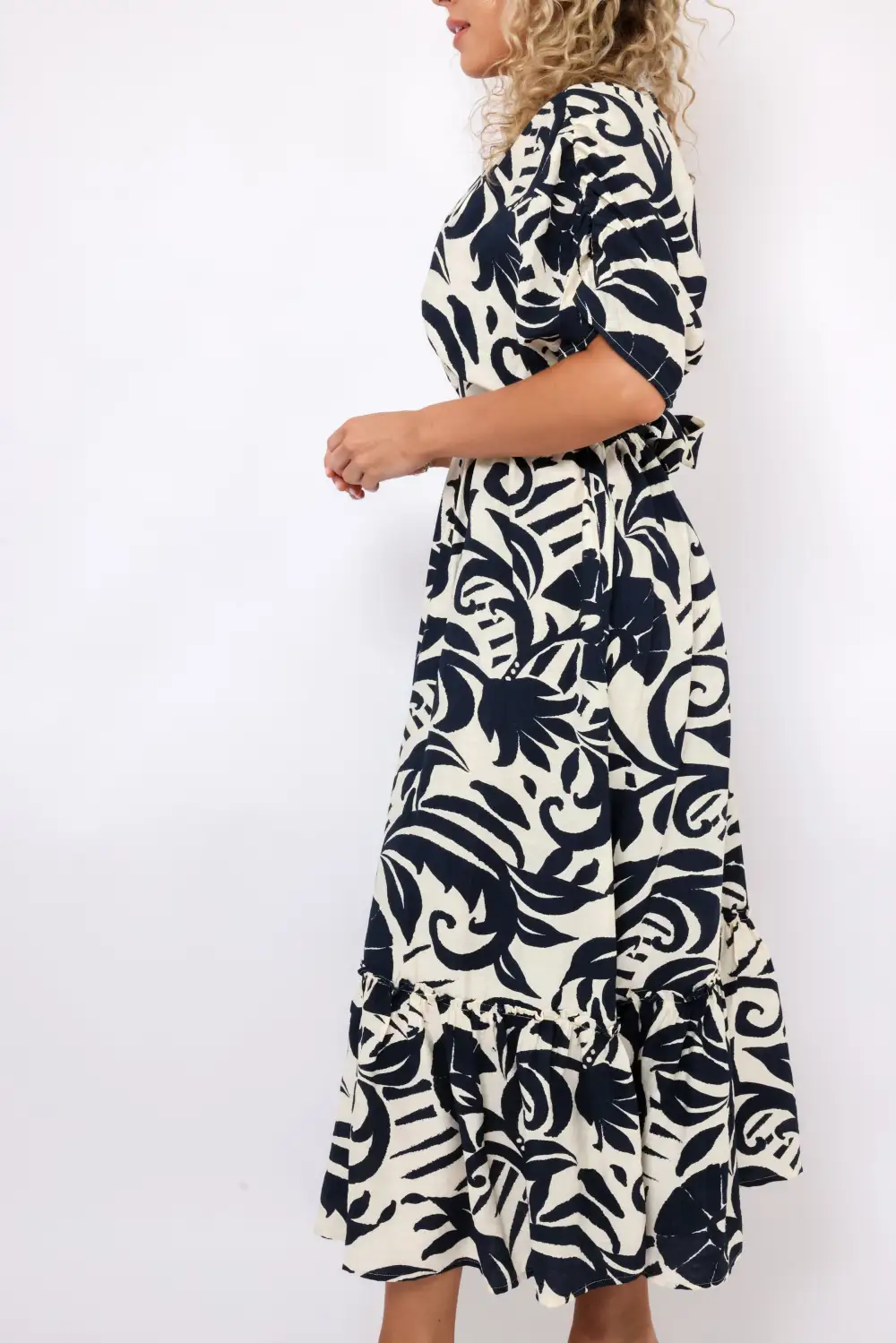 Tie Waist Tiered V Neck Midi Dress