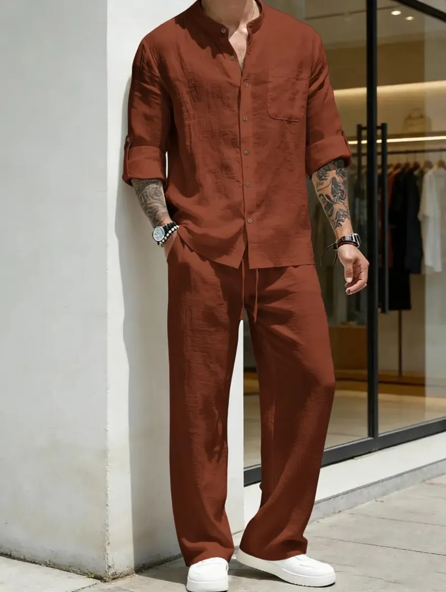 Men's Linen Stand Collar Long Sleeve Casual Suit