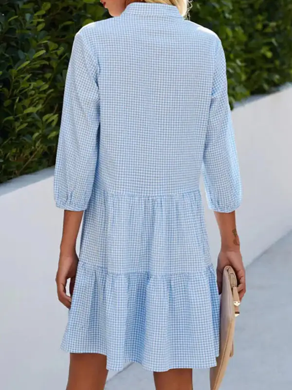 A Line Relaxed Buttoned Plaid Split Joint Stand Collar Mini Dress