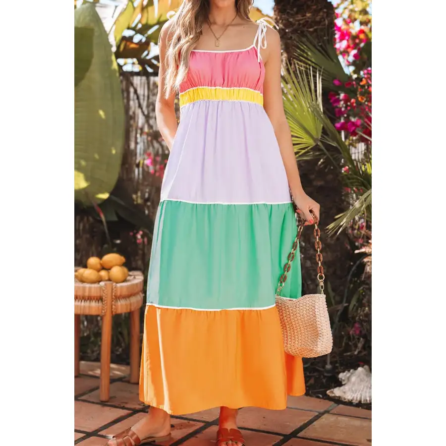 Block Flowy Tiered Maxi Dress with Pockets