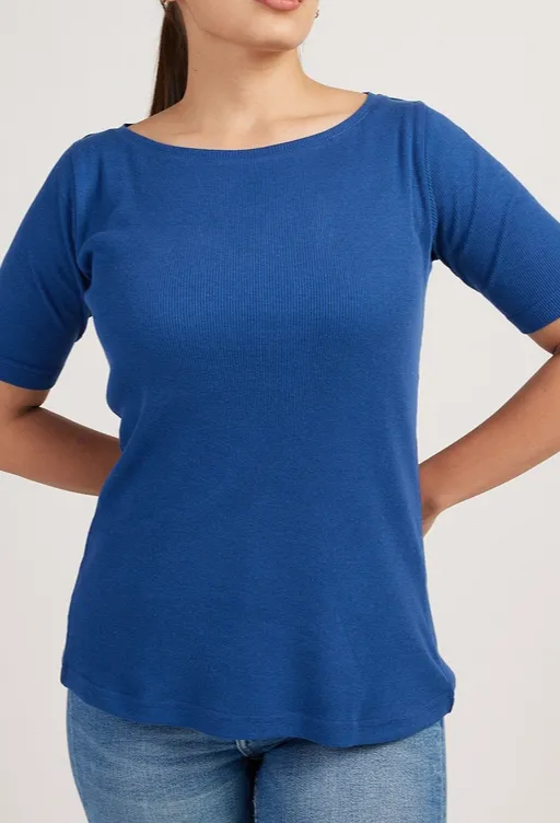 Cobalt Blue Ribbed Boat-Neck Tee