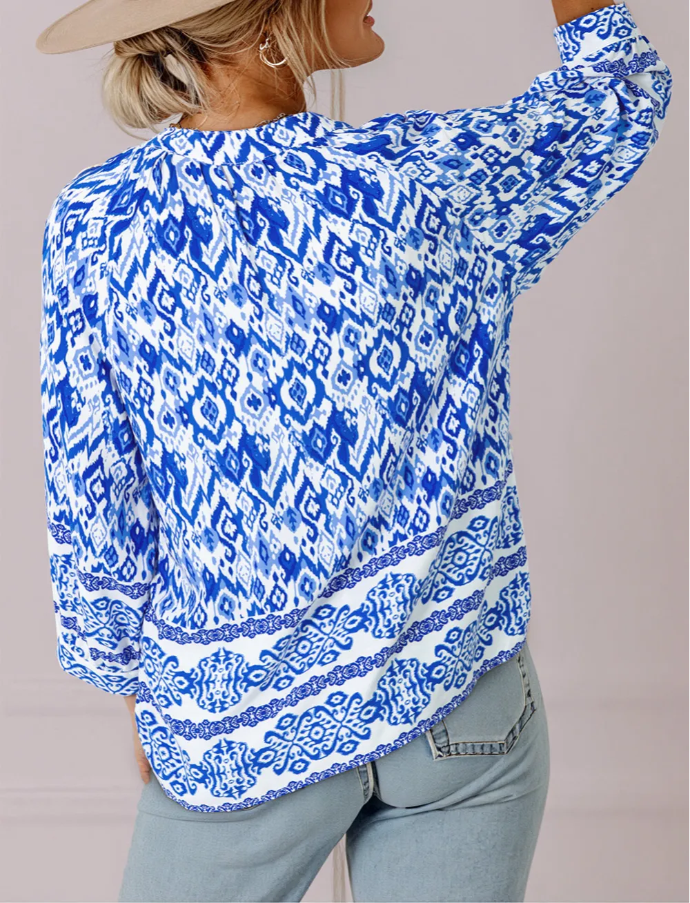 Blue Boho Printed 3/4 Sleeve Tied Neck Blouse
