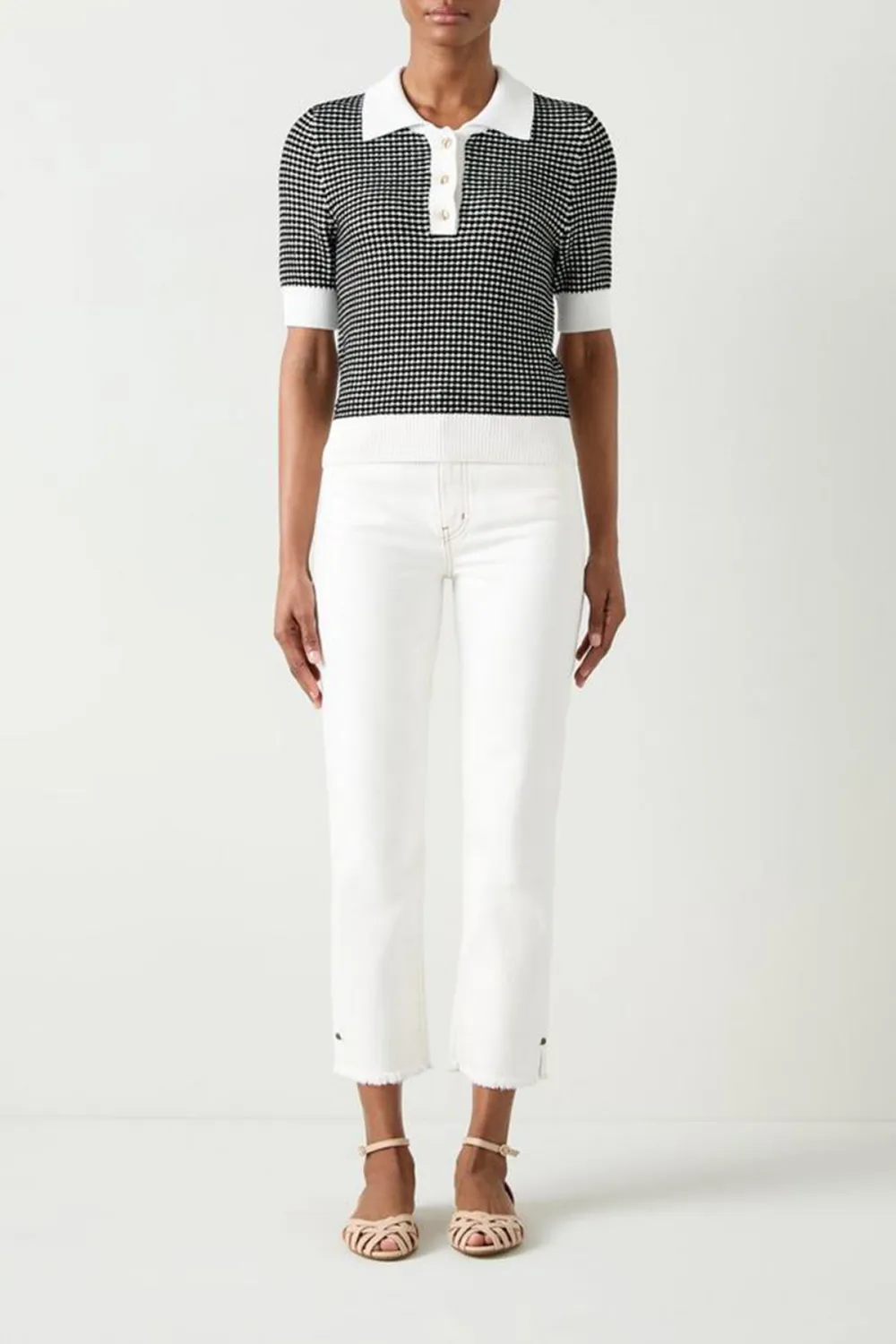 Black Cream Checkered Polo Collar Short Sleeve Knit