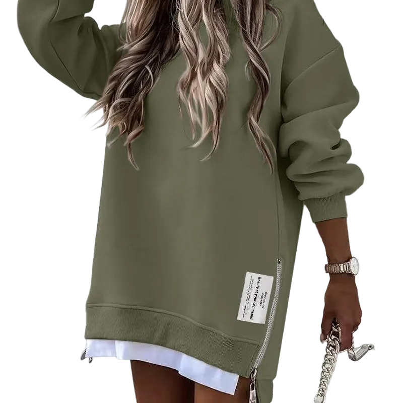 Womens Long Sleeve Pullover Sweatshirt Zipper Slit Casual Dress