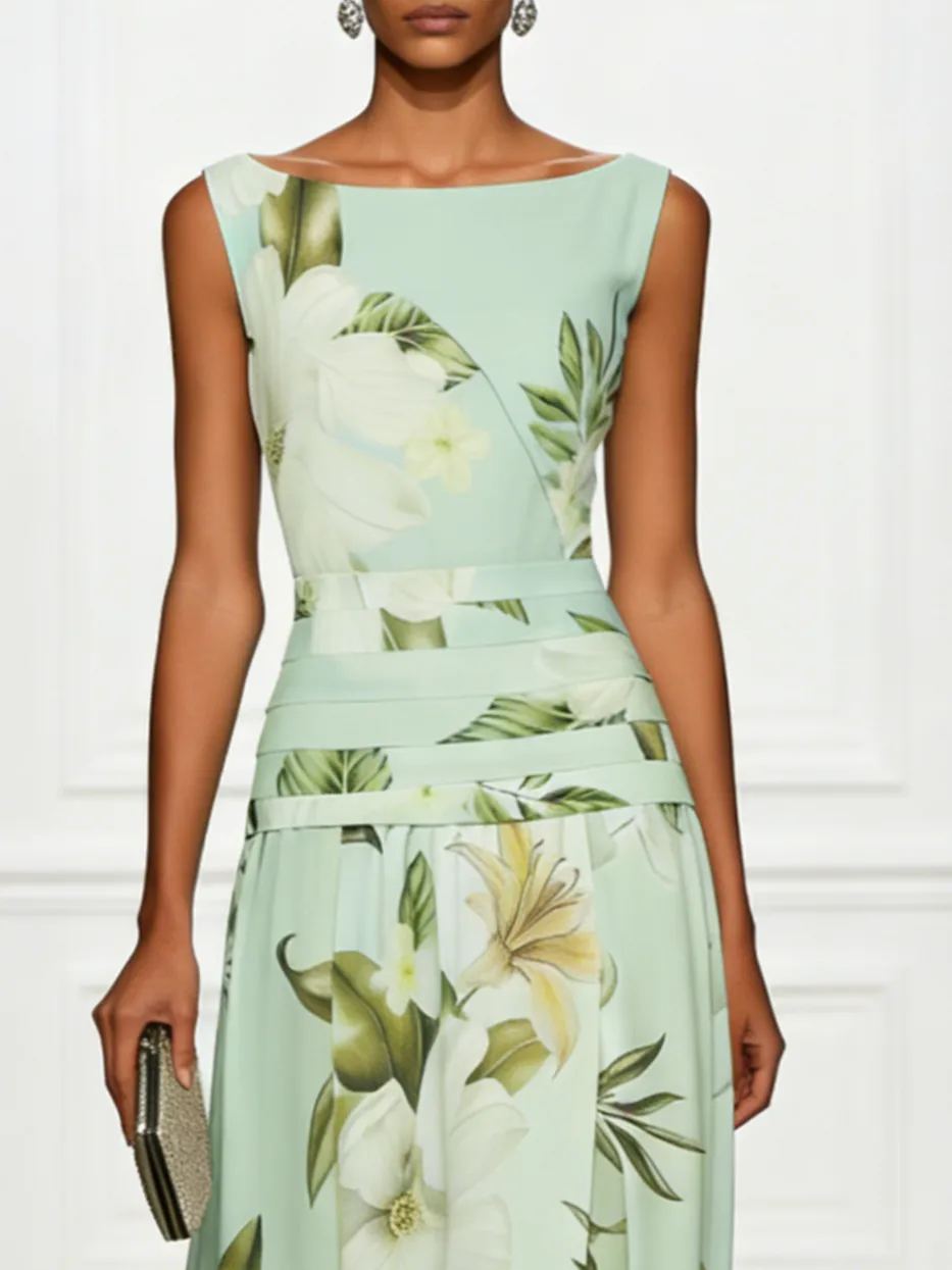 A Line Boat Neck Floral Maxi Dress