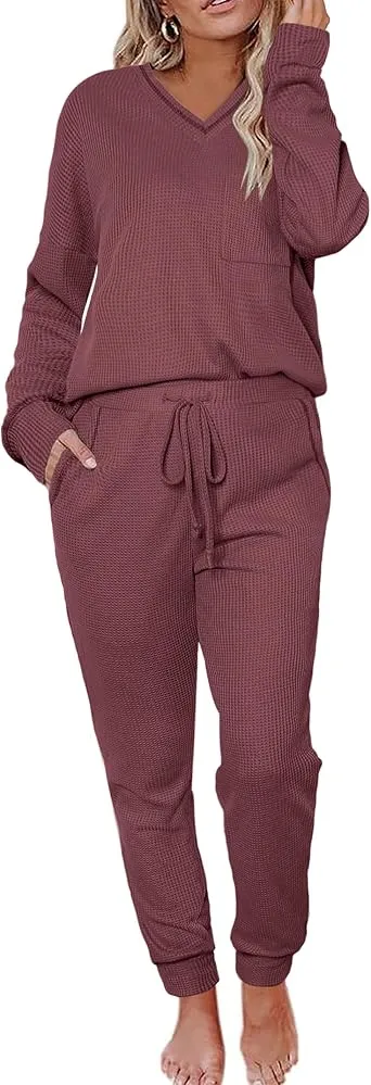 Women's Long Sleeve Knit Loungewear Set Jogger Pants Outfit