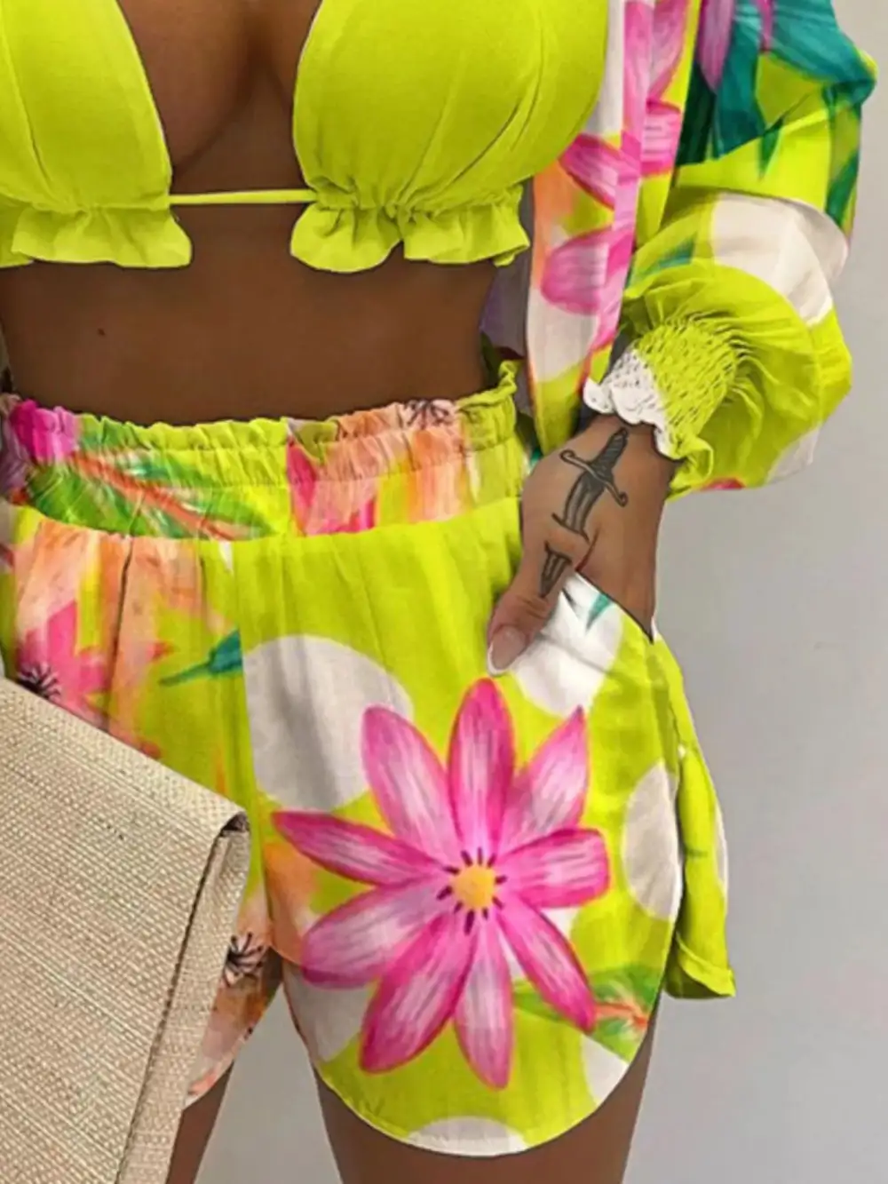 Halter Neck Cami & Shirt & Shorts Piece Outfit Set
