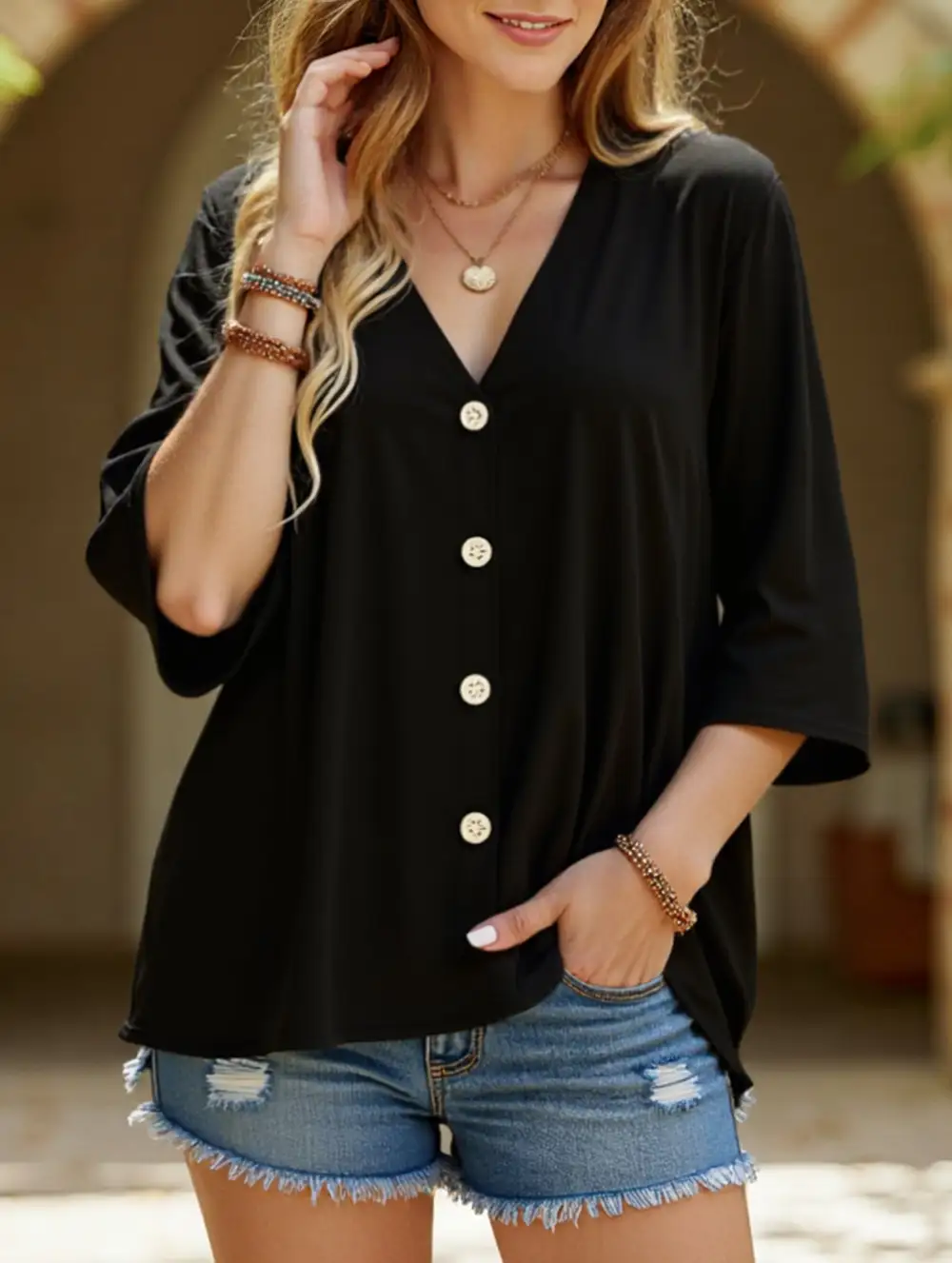 V-Neck Button Tee Cardigan Top