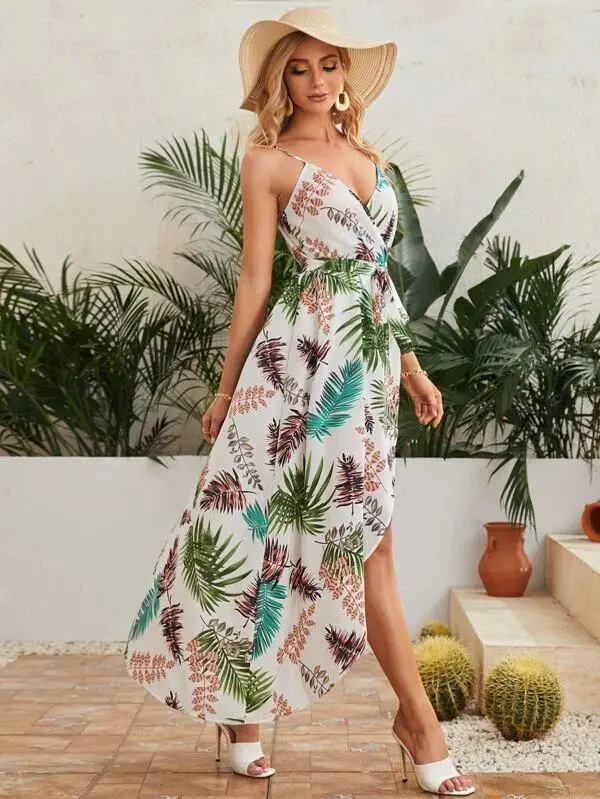 Women Wrap Hem Self Belted Tropical Print Cami Dress