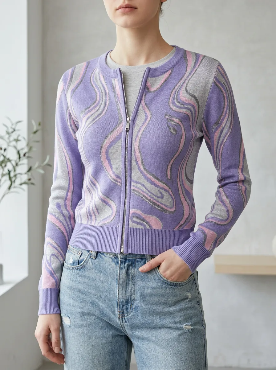 Women's Swirl Pattern Printed Zip-up Textured Knit Everyday Layering Cardigan