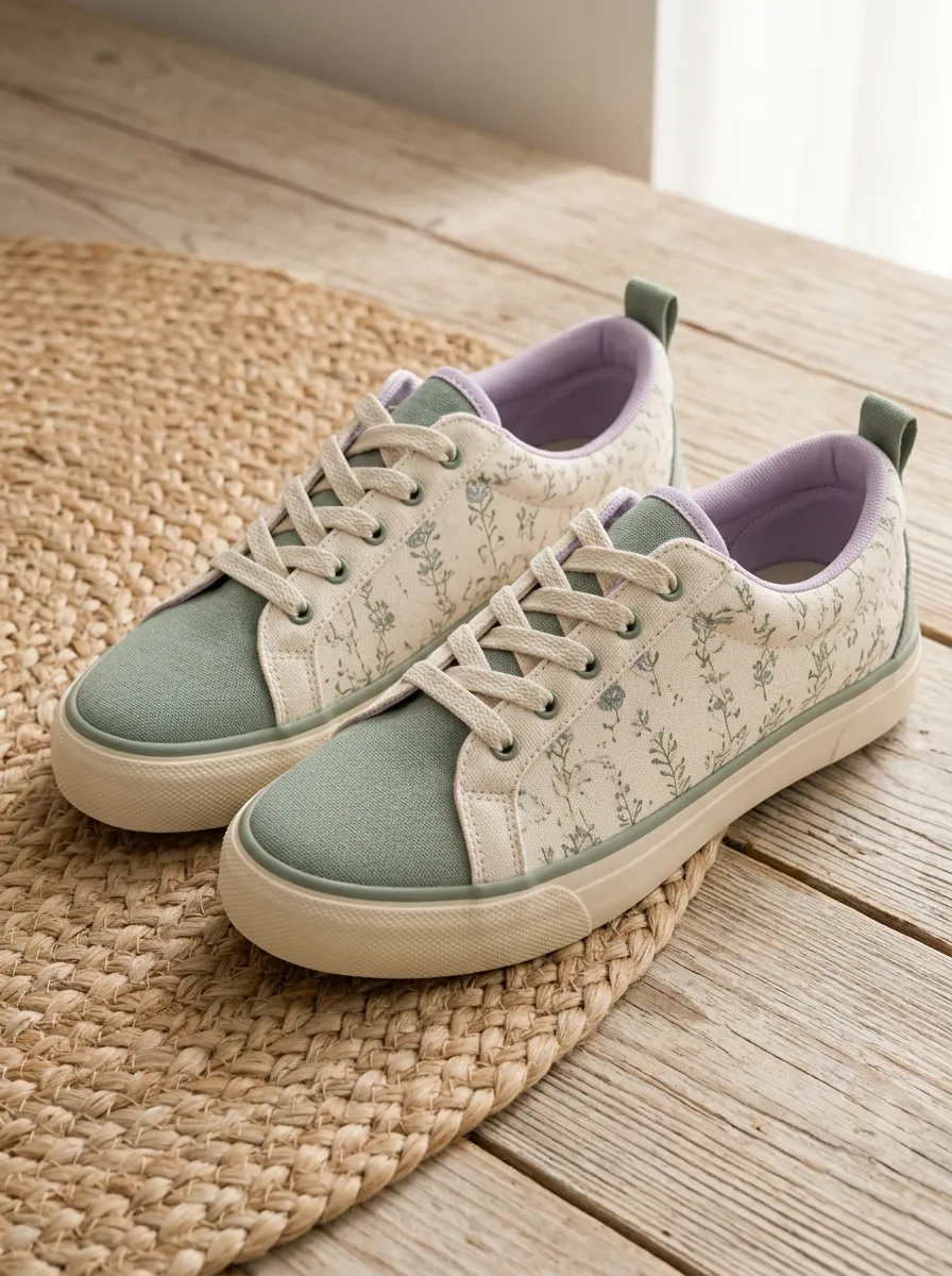 Women's Botanical Wildflower Sage Green Printed Canvas Sneakers