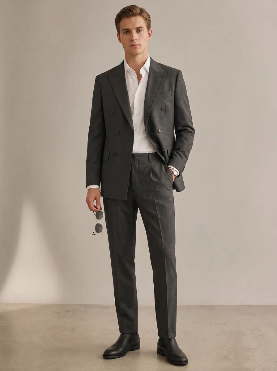 Men's Business Formal Charcoal Grey Double-Breasted Suit Set