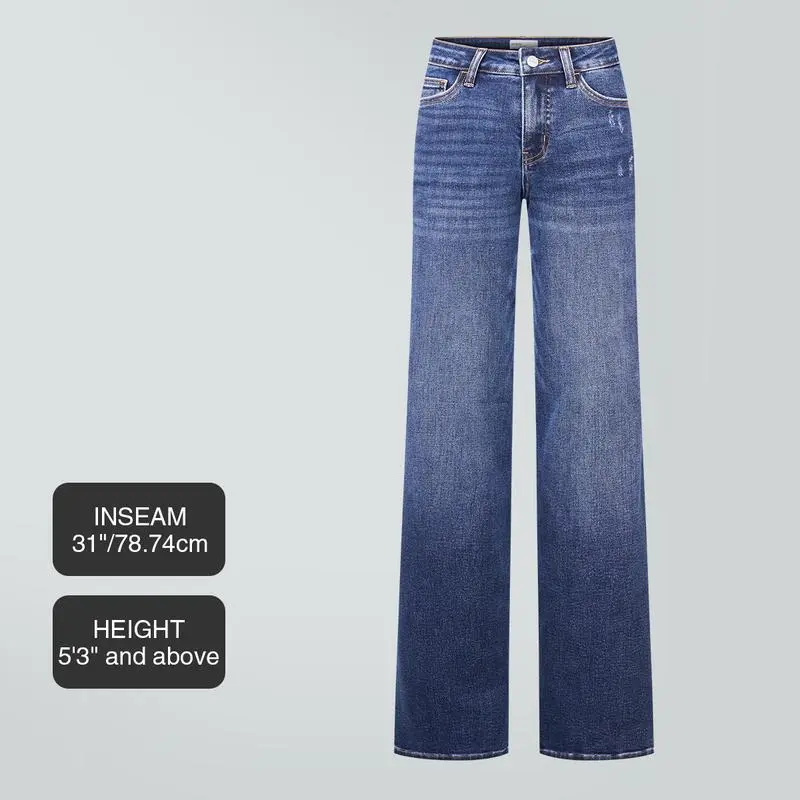 Mid-low Rise Baggy Jeans Stretchy Wide Leg for Women Distressed Pants