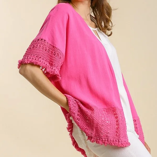 Open Front Crochet Lace Detail Dropped Shoulder Cardigan