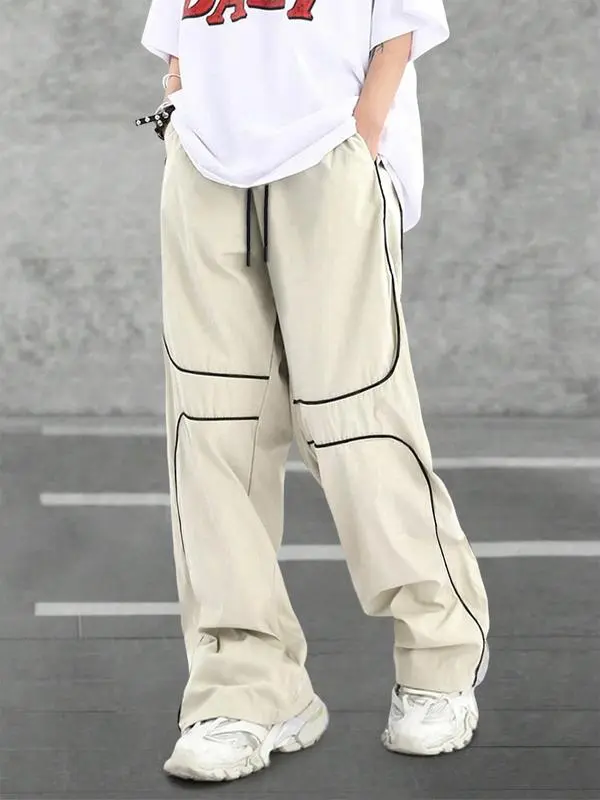 Men’s Loose Fit Cargo Pants with Letter Patch & Contrast Binding – Casual Drawstring Trousers for Spring, Fall & Winter