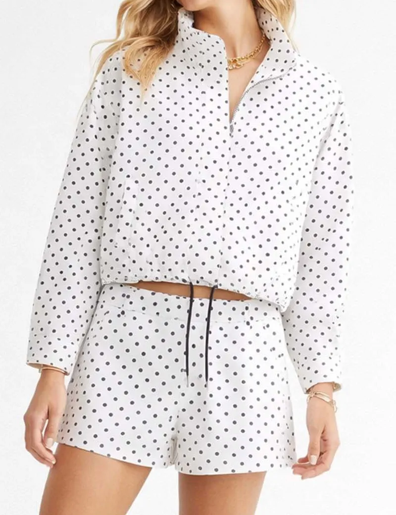 Chic Polka Dot Zip Up Long Sleeves Bomber Jacket Set