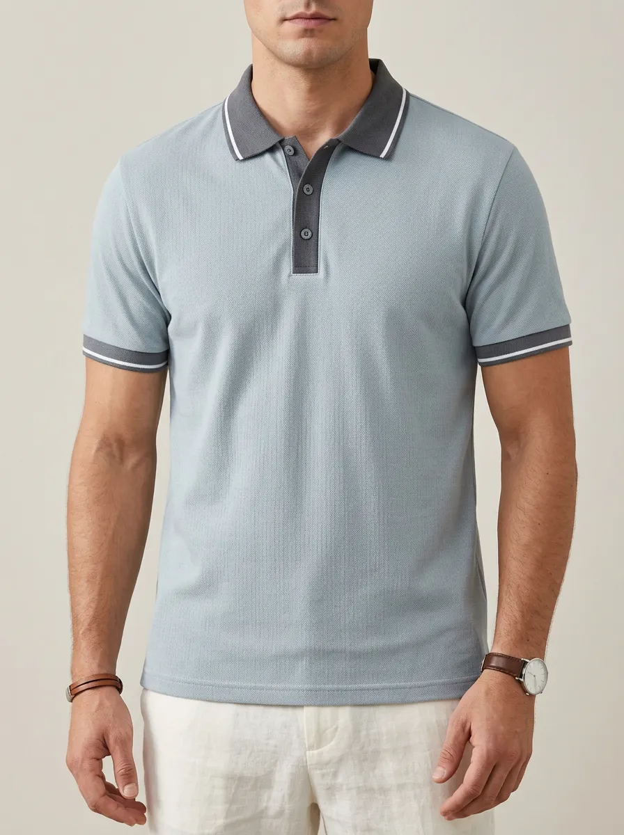 Men's Knit Ribbed Textured Contrast-Collar Tipped-Sleeve Polo Shirt
