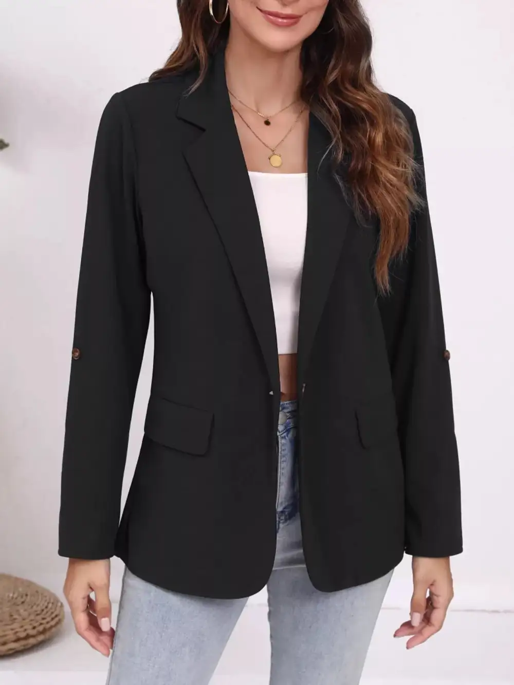 Lapel Collar Roll Up Sleeve Blazer