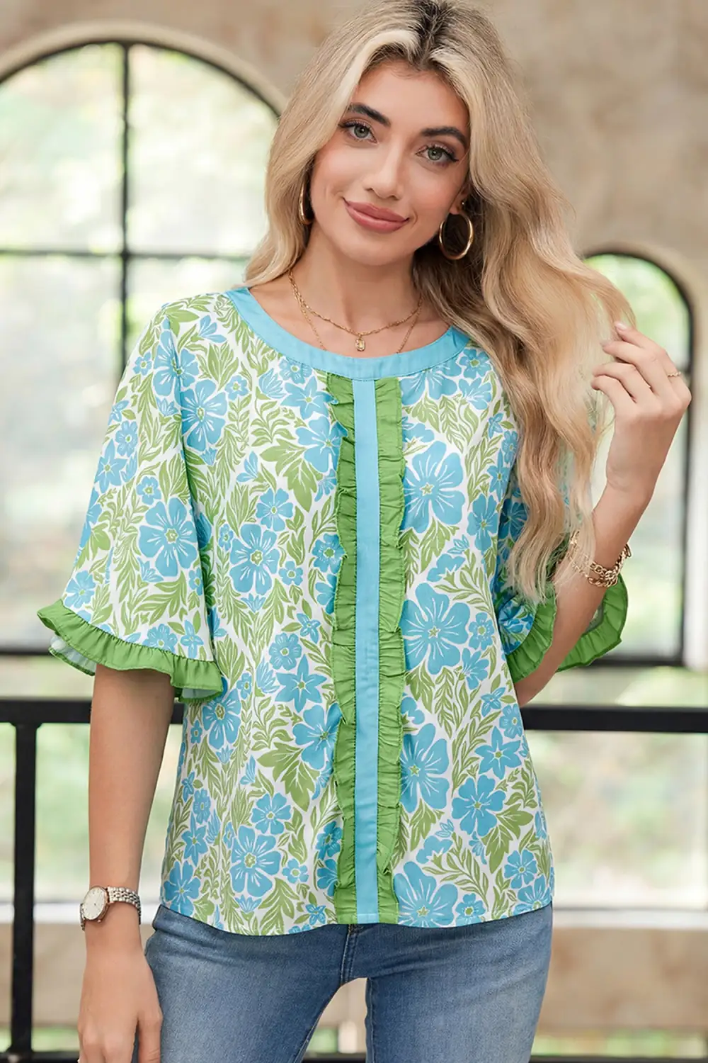 Floral Ruffle Trim Half Sleeve Blouse