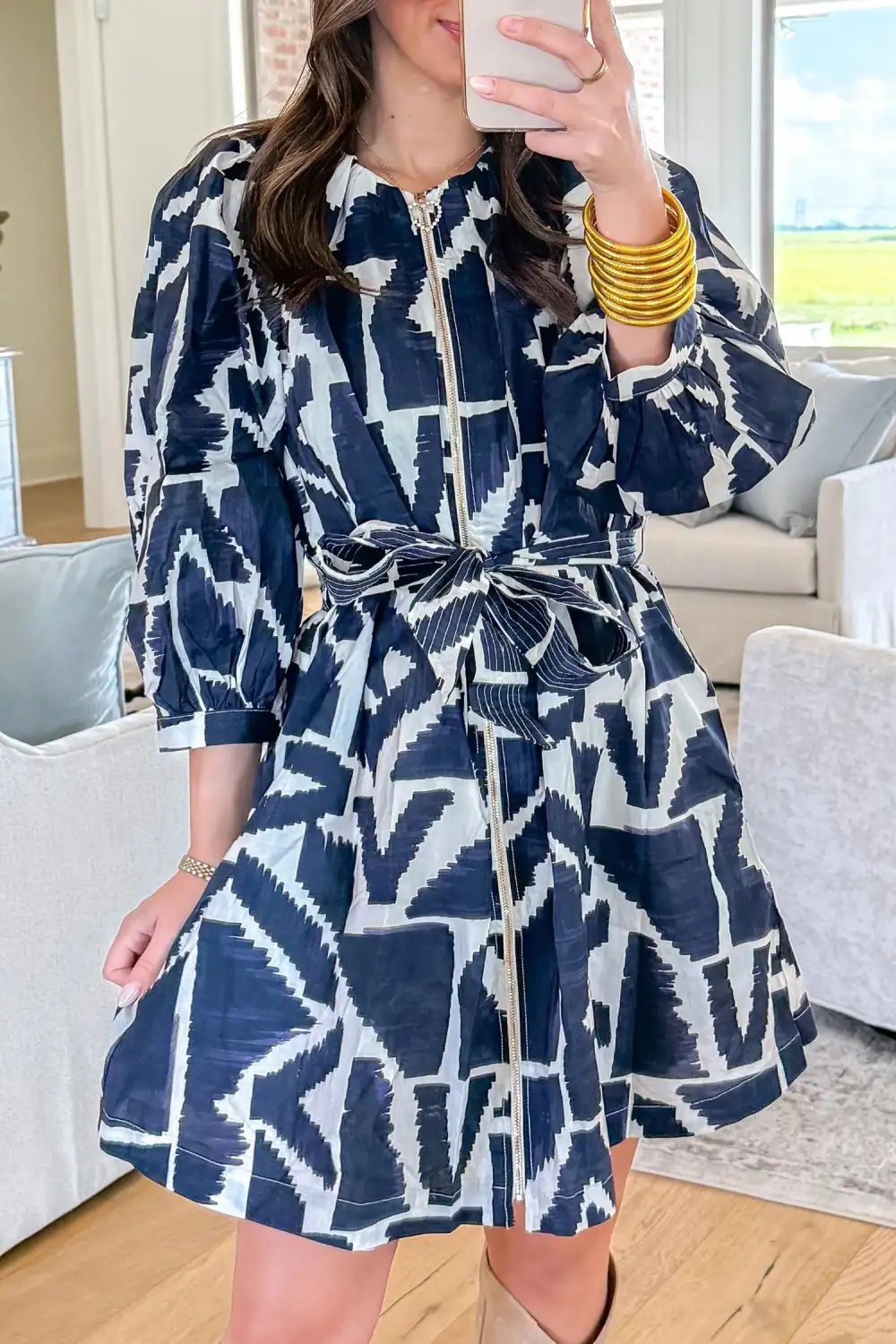 Belted Abstract Geometric Print Zip Front Tie Waist Shift Dress