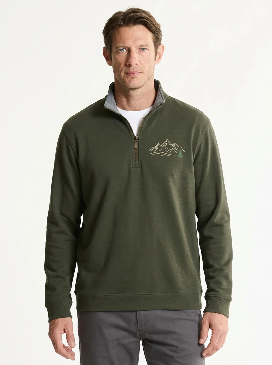 Men's Nature Mountain Pine Tree Graphic Zip-Neck Sweatshirt