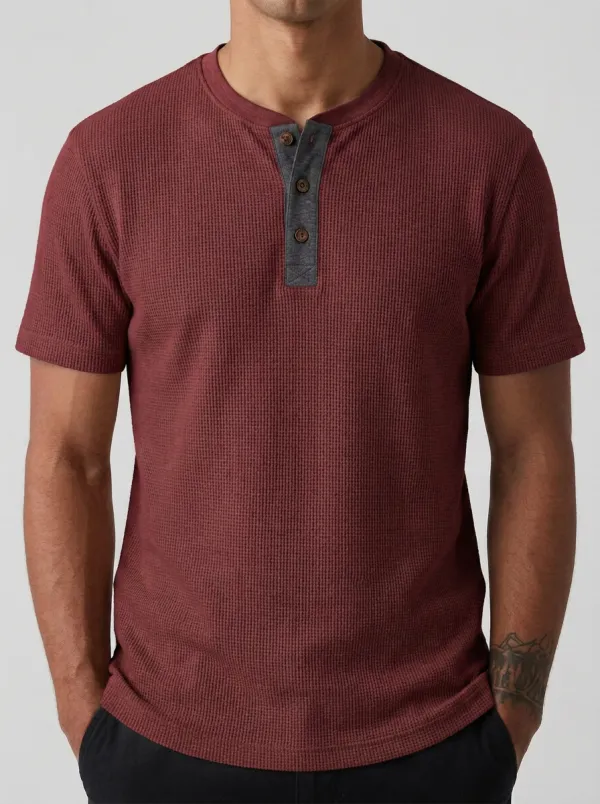 Waffle-Knit Contrast-Button Textured Men's Short-Sleeve Henley Shirt