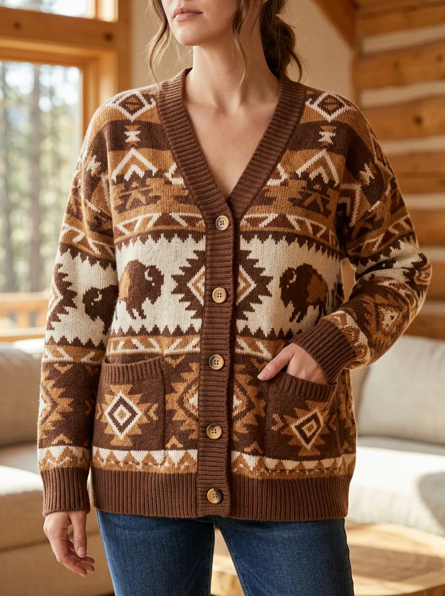 Women's Western Buffalo Aztec Pattern Printed Cardigan