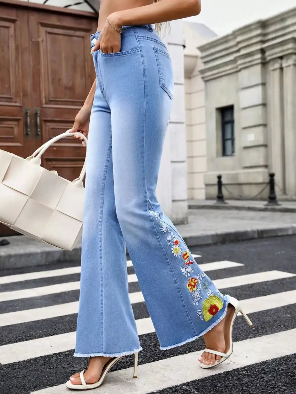 Flare Leg Embroidered Denim Jeans